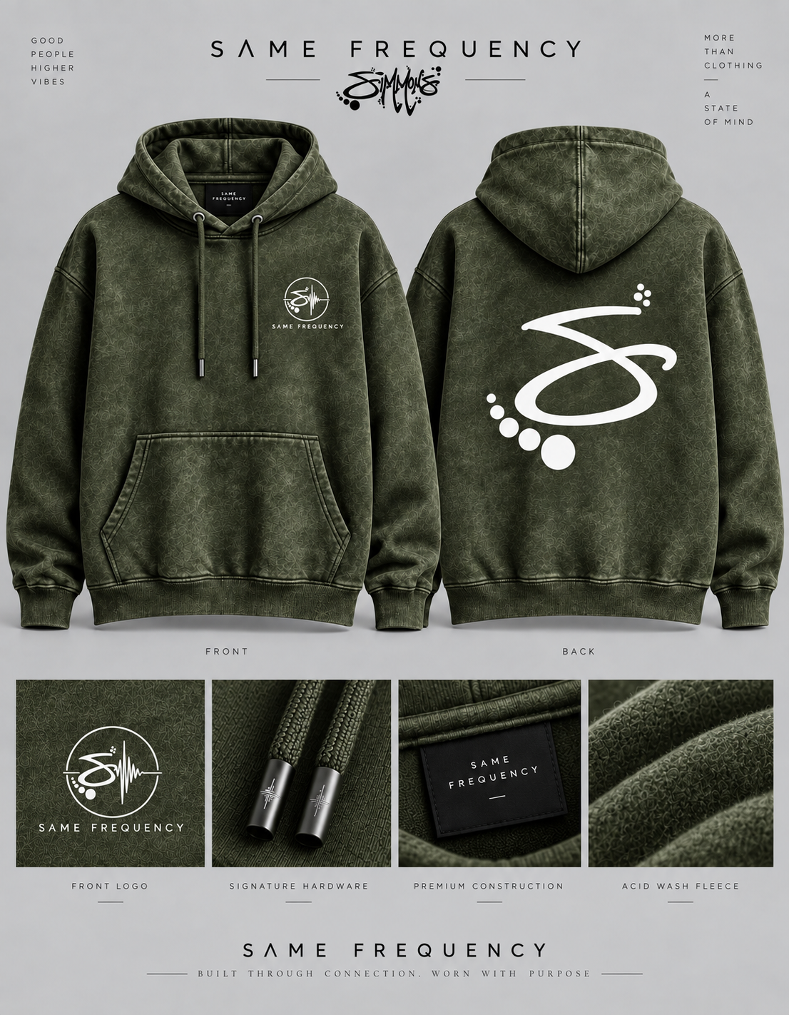 Same Frequency S-Back Acid Wash Hoodie — Army Green Pullover front, back, and detail board