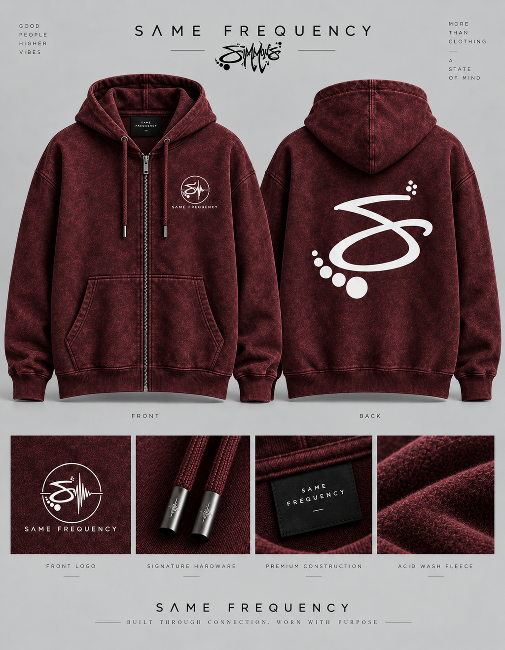 Same Frequency S-Back Acid Wash Hoodie — Burgundy Zip-Up front, back, and detail board