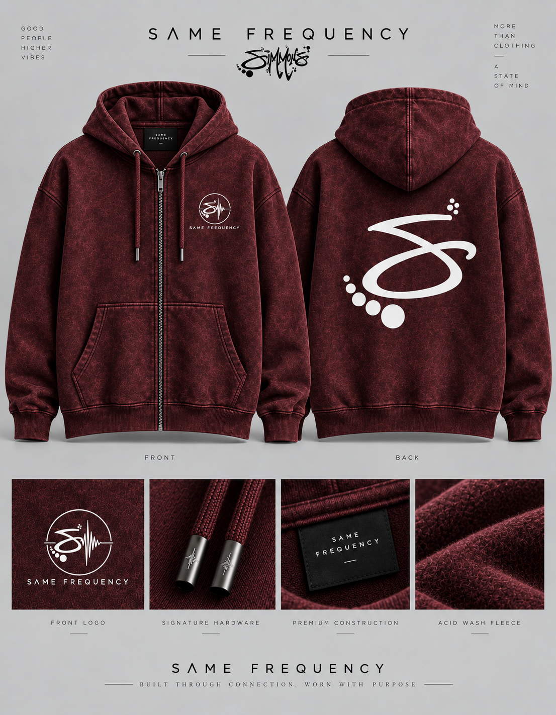 Same Frequency S-Back Acid Wash Hoodie — Burgundy Zip-Up front, back, and detail board