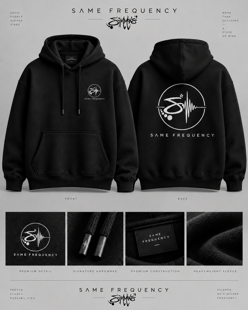 Same Frequency Signature Acid Wash Hoodie — premium editorial black hoodie showcase