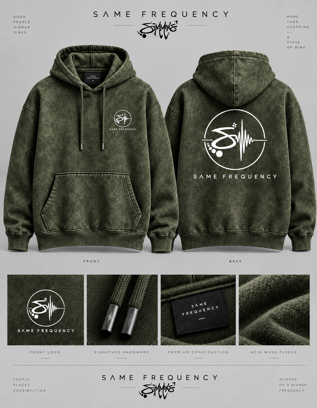 Same Frequency Signature Acid Wash Hoodie — Army Green Pullover front, back, and detail board