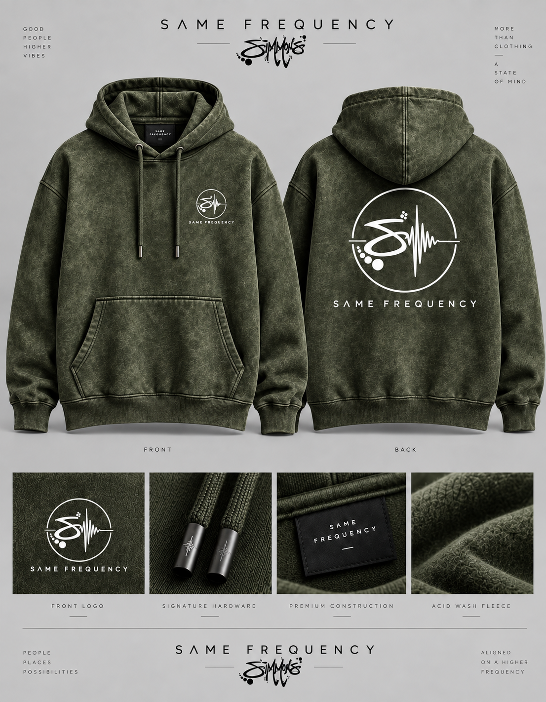 Same Frequency Signature Acid Wash Hoodie — Army Green Pullover front, back, and detail board
