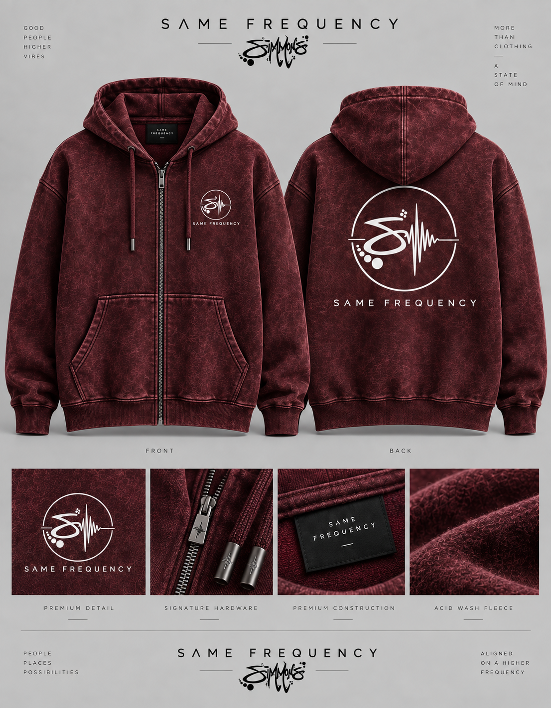 Same Frequency Signature Acid Wash Hoodie — Burgundy Zip-Up front, back, and detail board