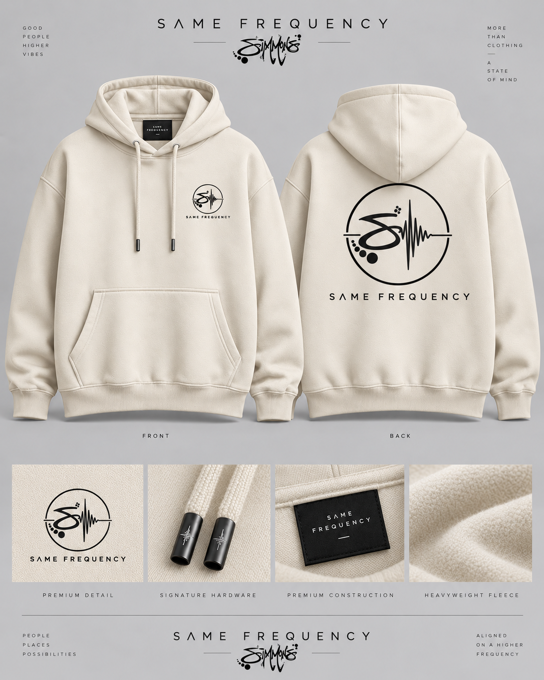Same Frequency Signature Acid Wash Hoodie — Cream front, back, and detail board