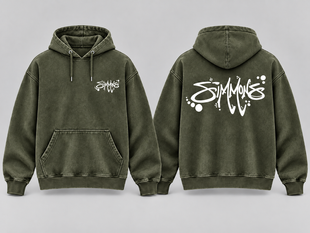 SIMMONS Acid Wash Pullover Hoodie — Army Green with white artwork