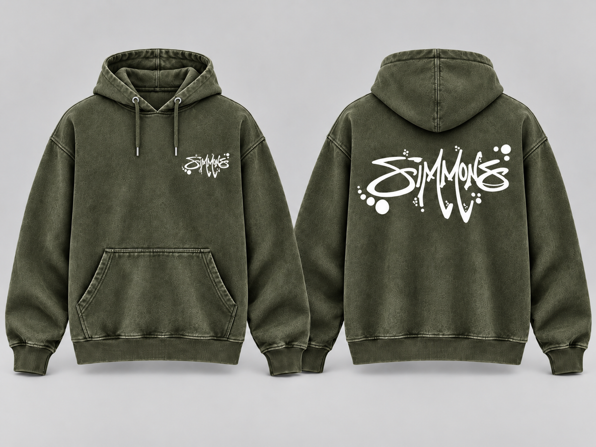 SIMMONS Acid Wash Pullover Hoodie — Army Green with white artwork