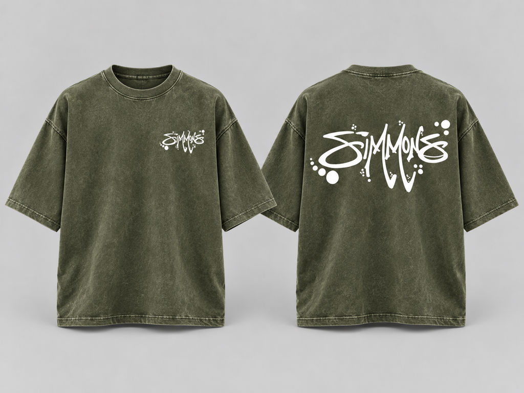 SIMMONS Acid Wash Oversized Tee — Army Green with white artwork