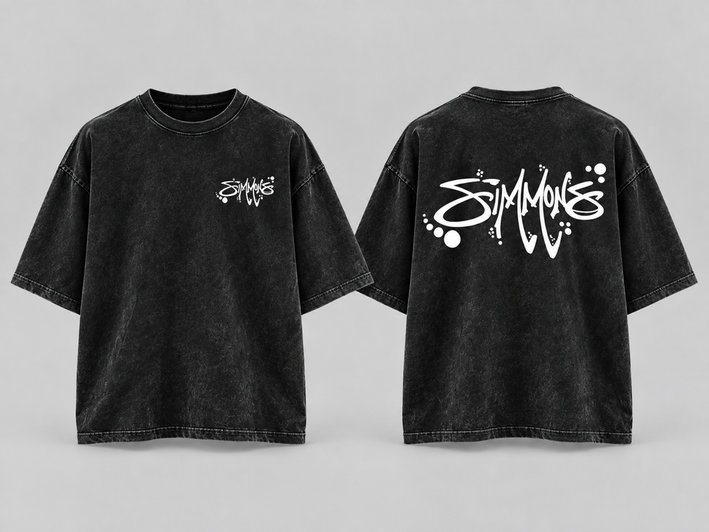 SIMMONS Acid Wash Oversized Tee — Black with white artwork