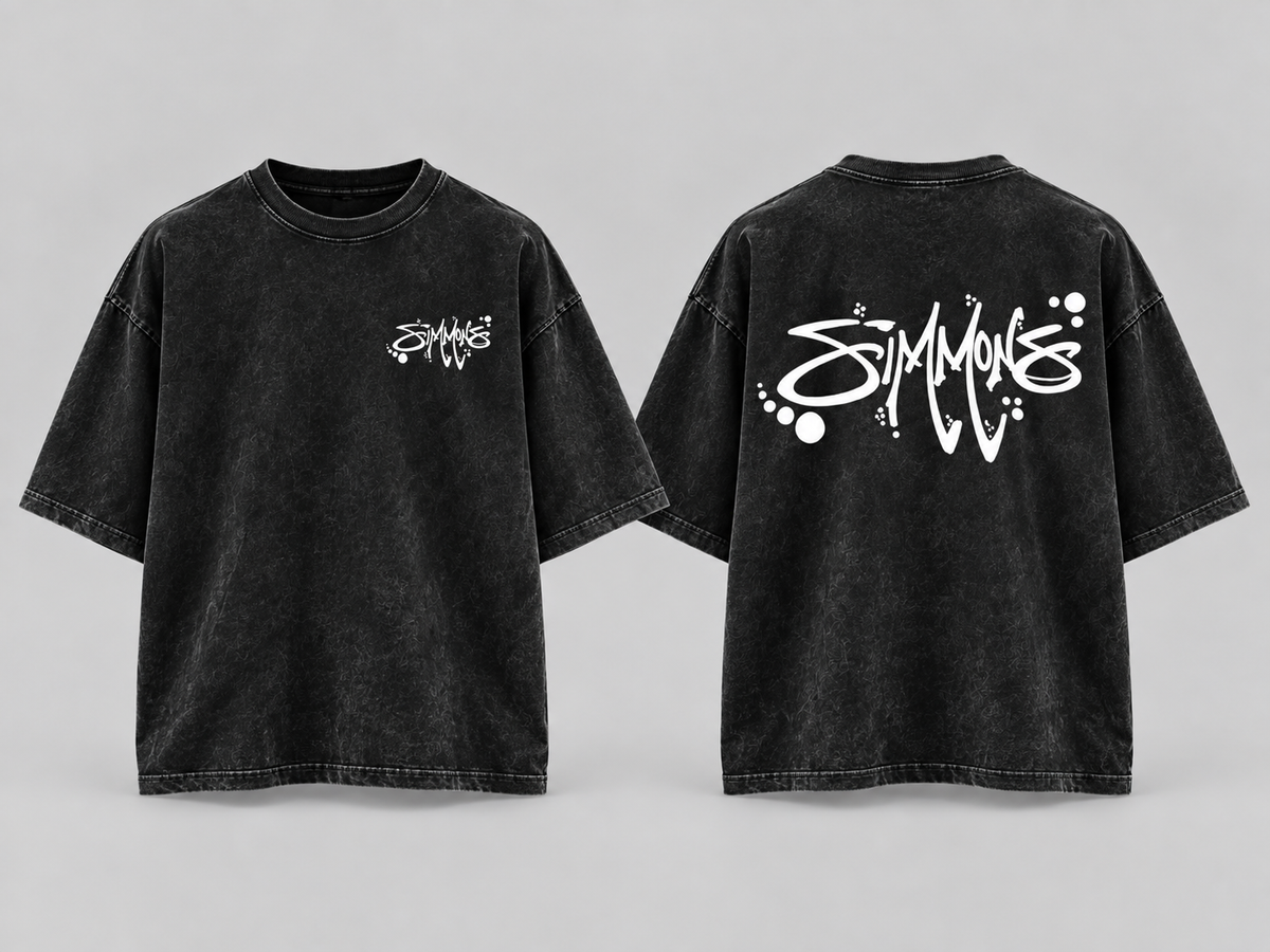 SIMMONS Acid Wash Oversized Tee — Black with white artwork