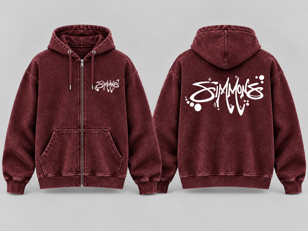 SIMMONS Acid Wash Zip Hoodie — Burgundy with white artwork