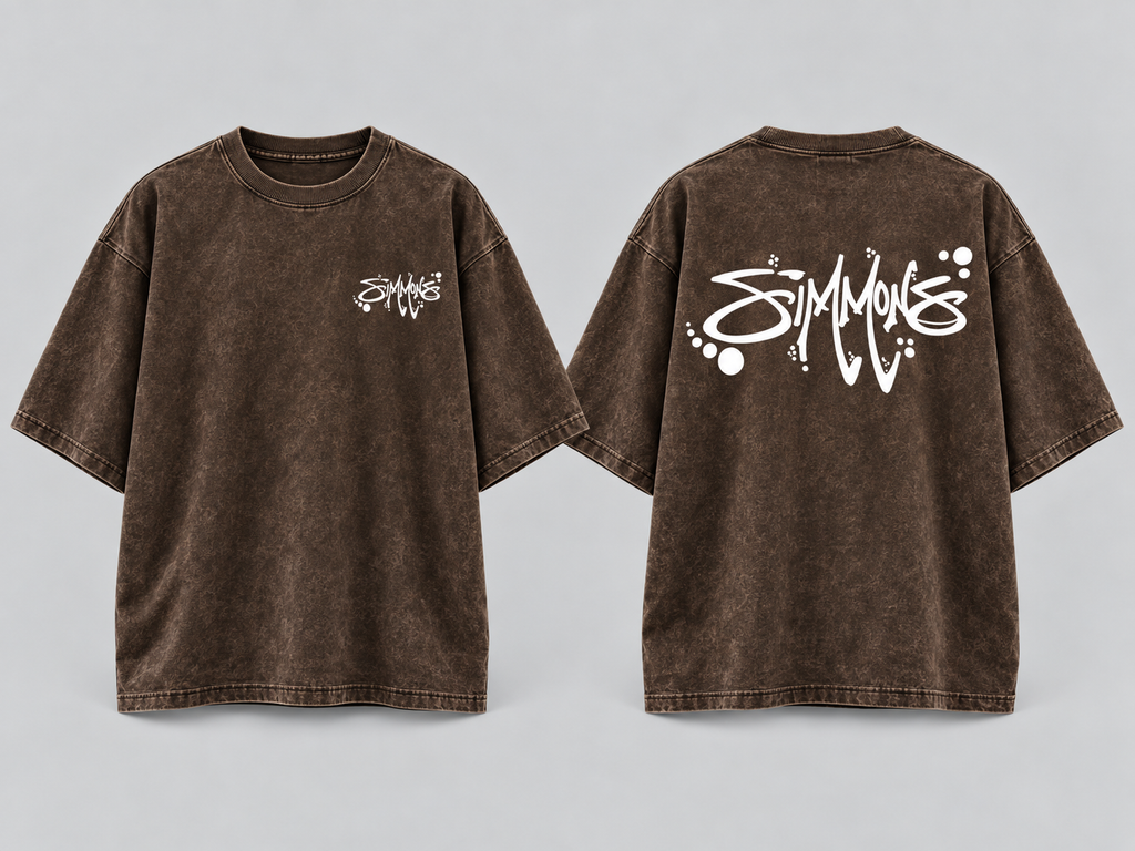 SIMMONS Acid Wash Oversized Tee — Coffee with white artwork
