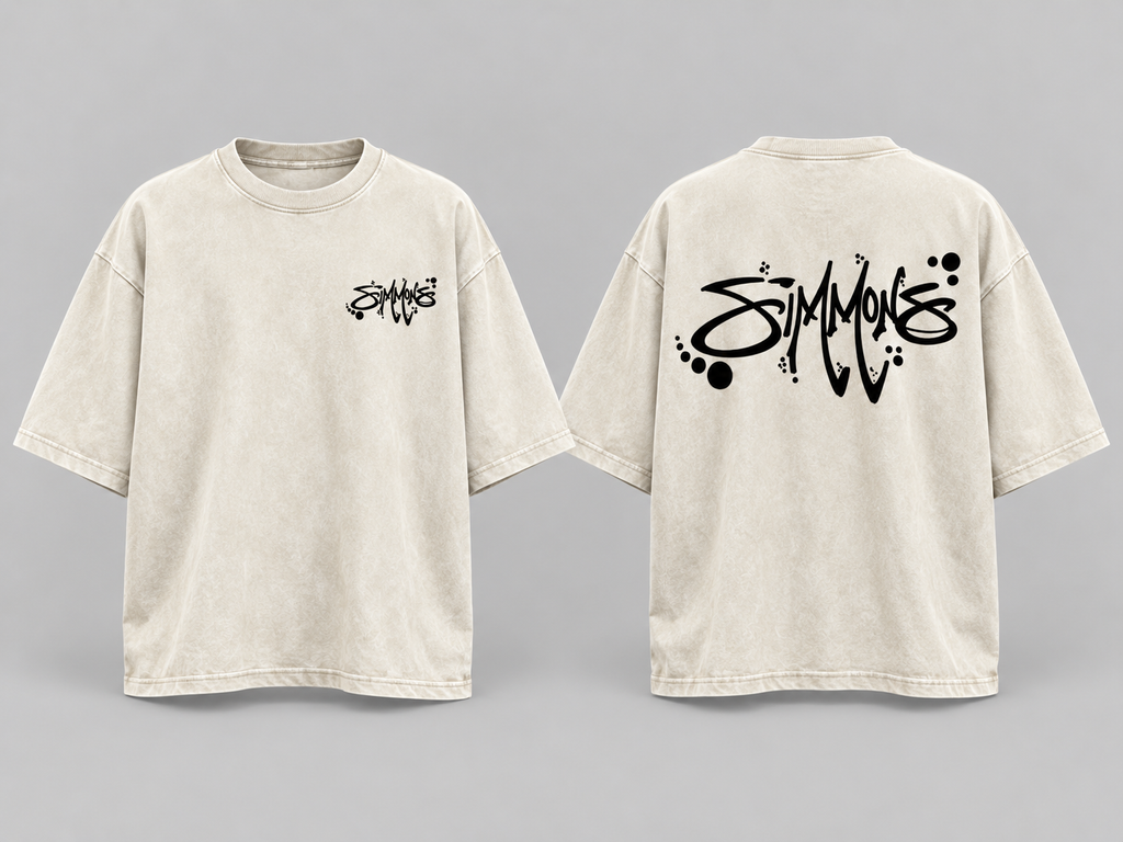 SIMMONS Acid Wash Oversized Tee — Ivory with black artwork