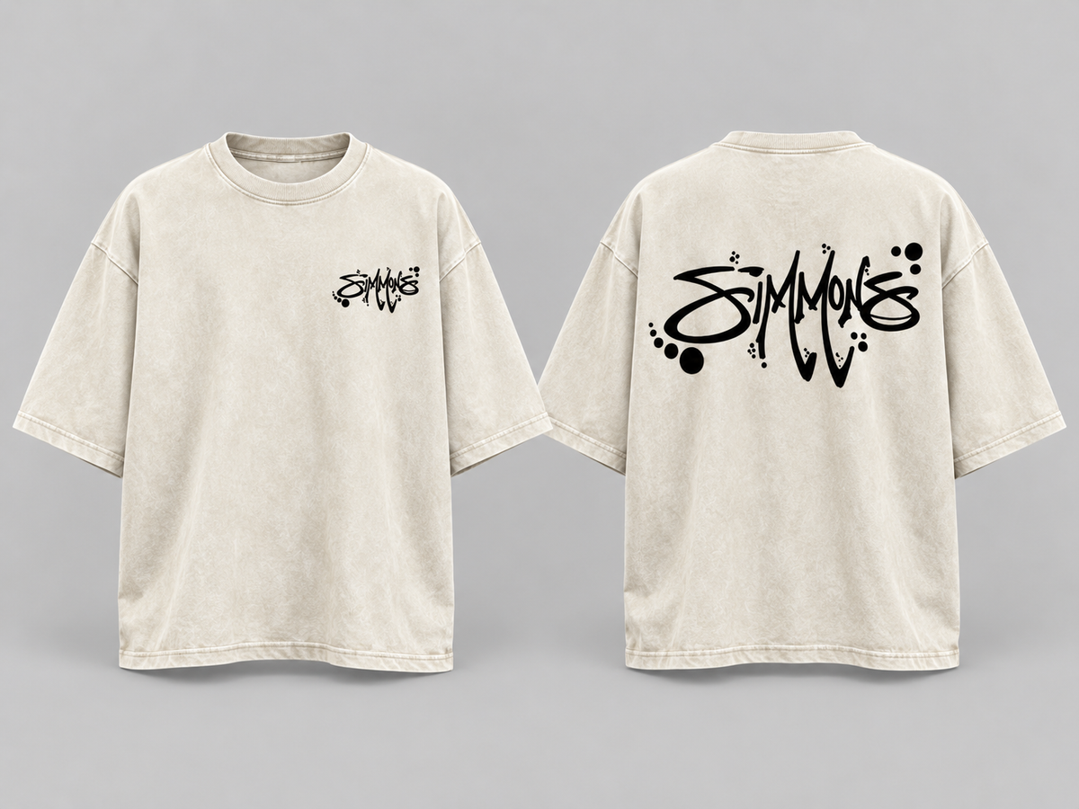 SIMMONS Acid Wash Oversized Tee — Ivory with black artwork