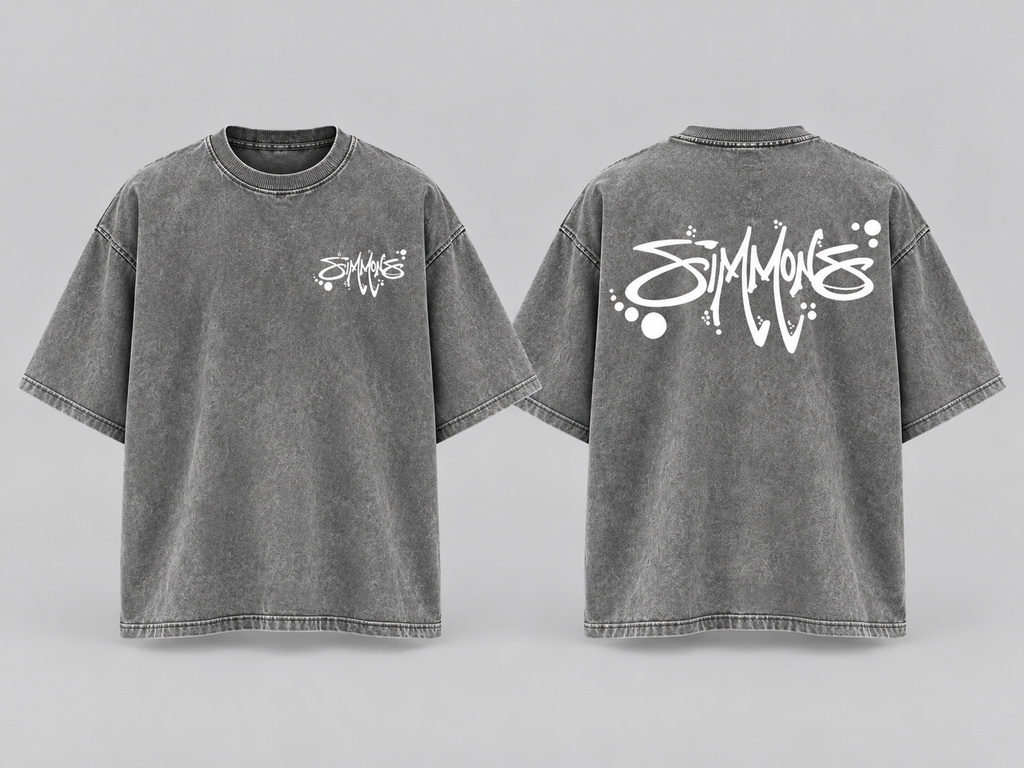 SIMMONS Acid Wash Oversized Tee — Light Gray with white artwork