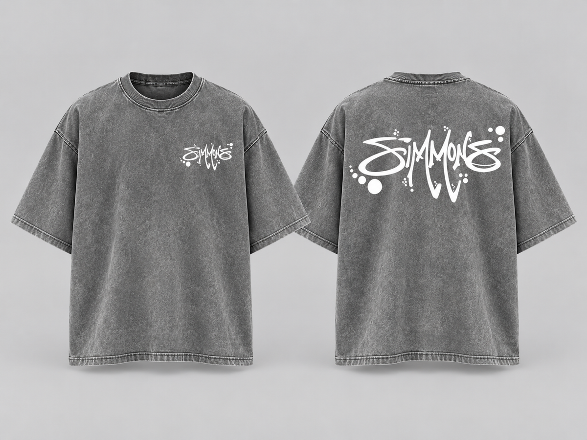 SIMMONS Acid Wash Oversized Tee — Light Gray with white artwork