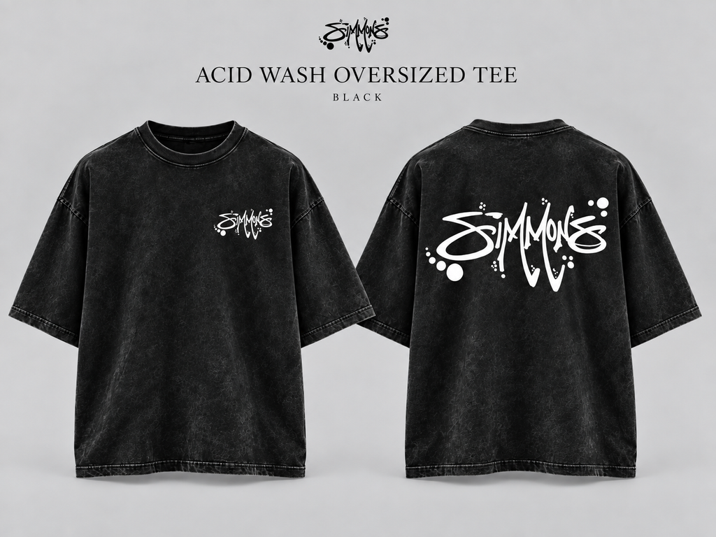SIMMONS Acid Wash Oversized Tee — Black labeled mockup