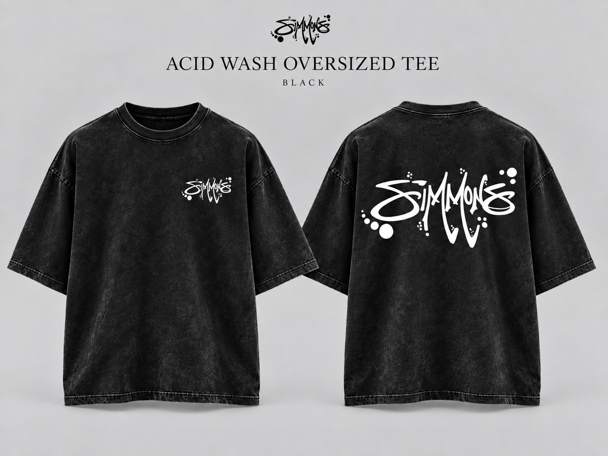 SIMMONS Acid Wash Oversized Tee — Black labeled mockup