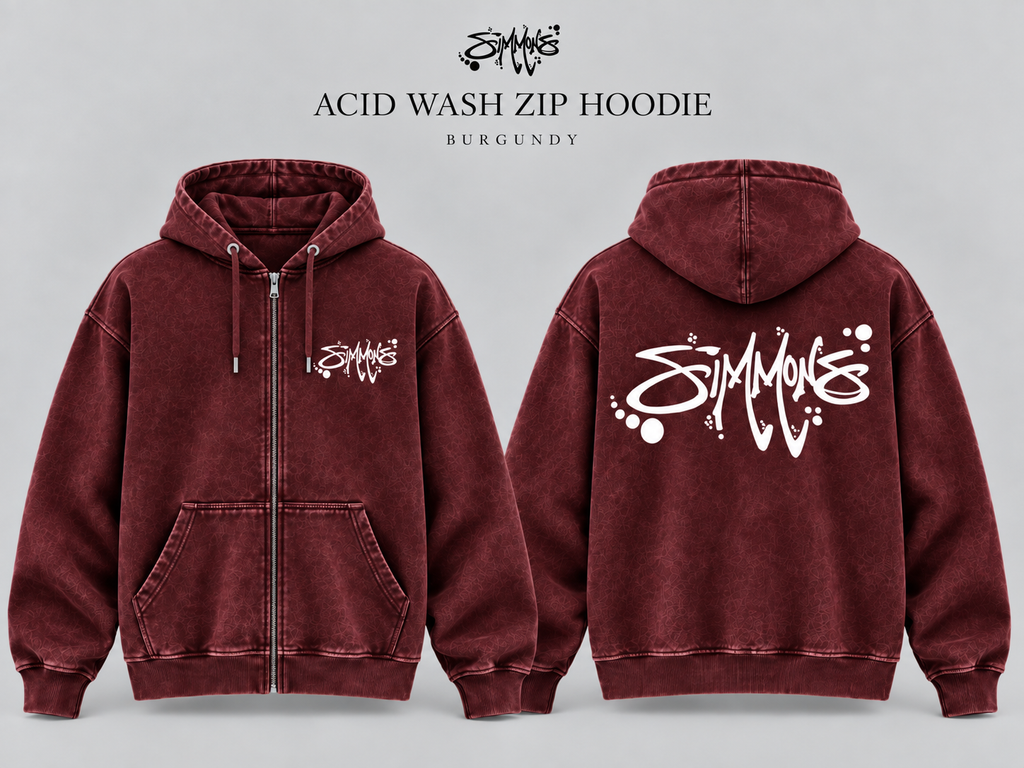 SIMMONS Acid Wash Zip Hoodie — Burgundy labeled mockup